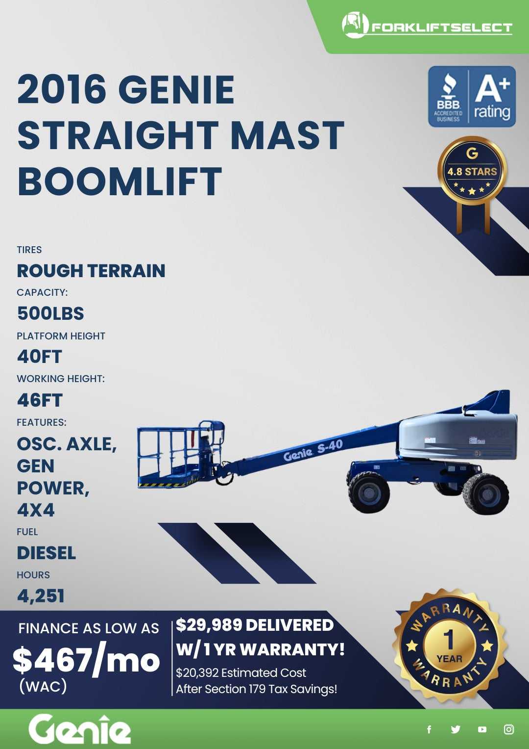 2016 Genie 0.5K Pneumatic Tire Straight Mast Boom Lift