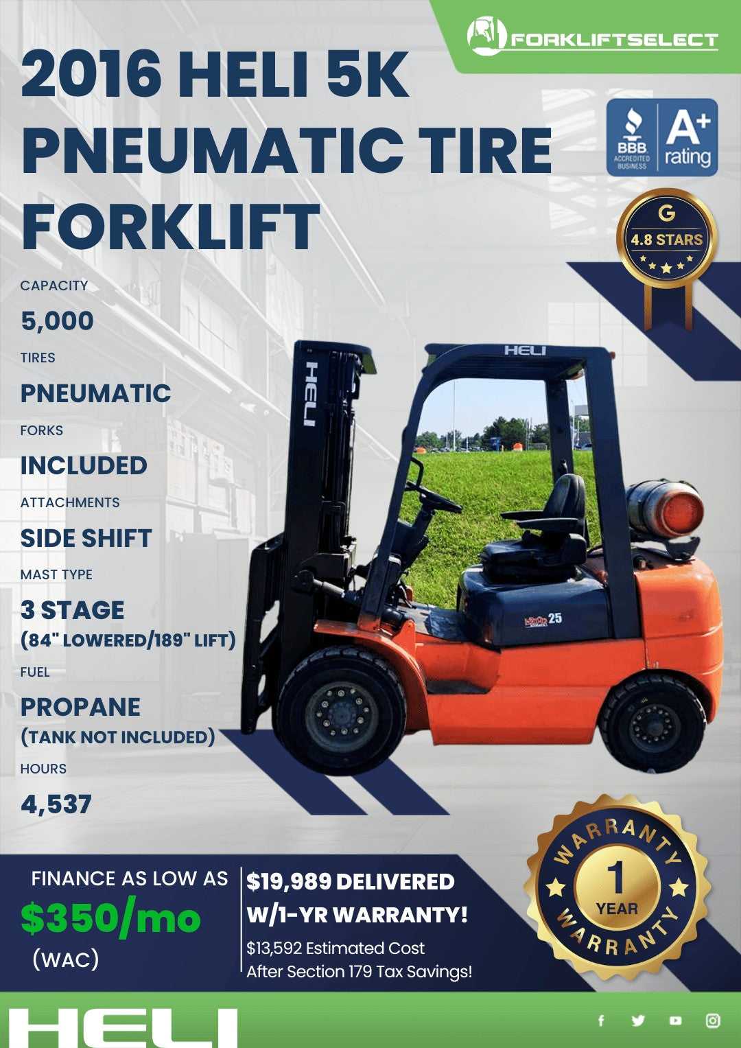 2016 HELI 5K Pneumatic Tire Forklif...
