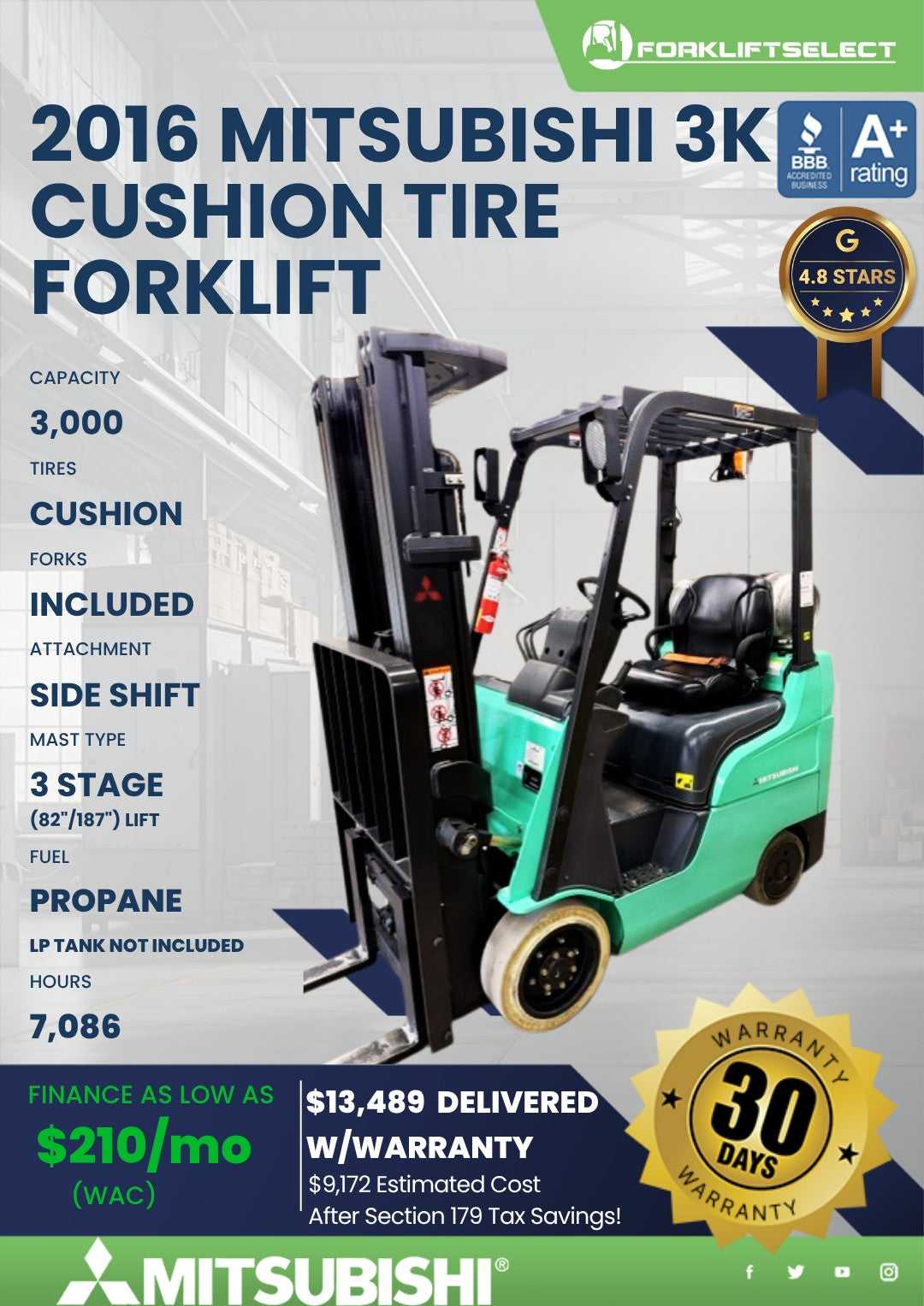2016 Mitsubishi 3K Cushion Tire Forklift