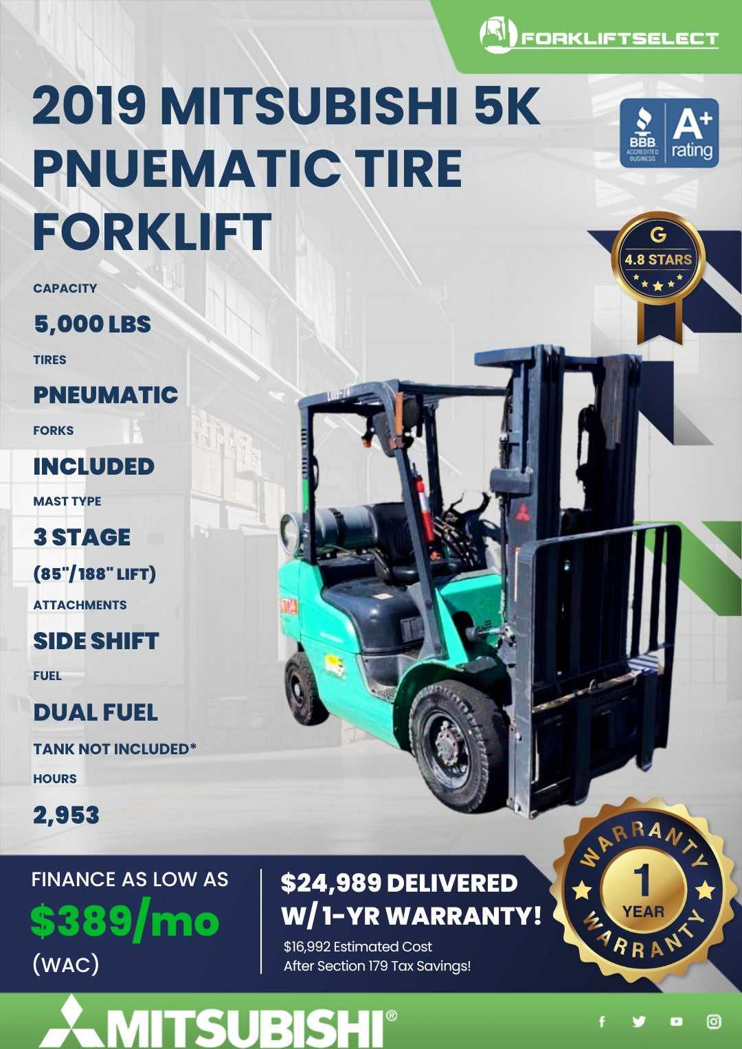 2019 Mitsubishi 5K Pneumatic Tire Forklift