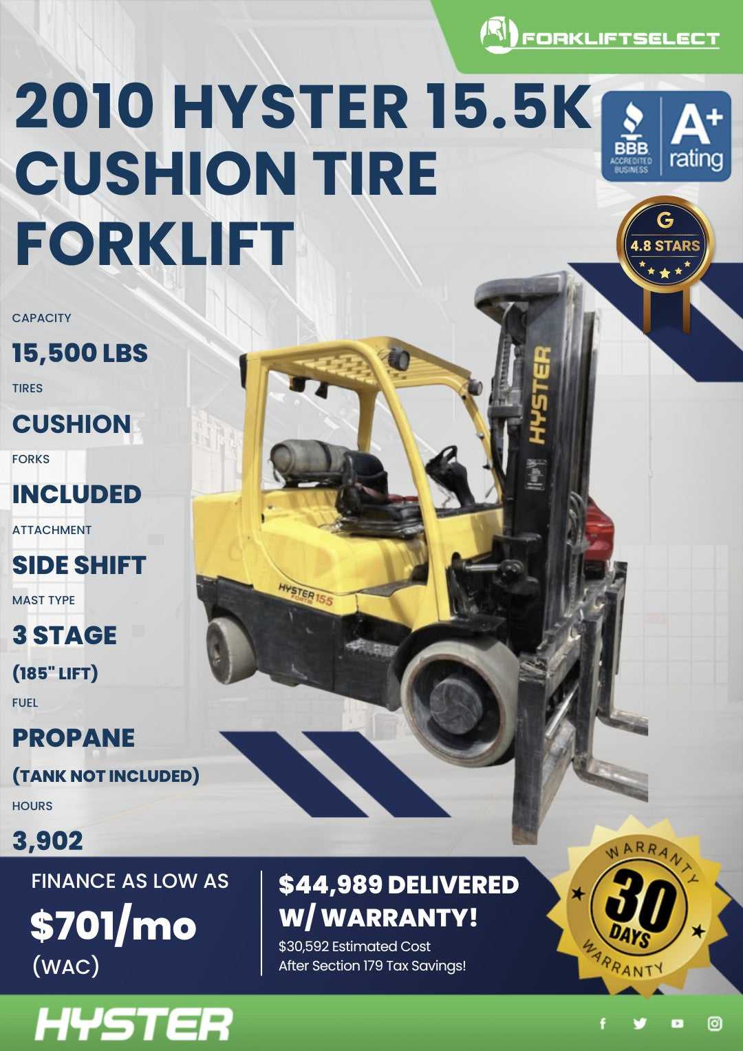 2010 Hyster 15.5K Cushion Tire Fork...