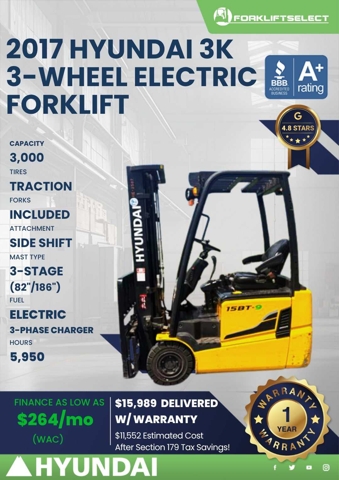 2017 Hyundai 3K Cushion Tire Forklift