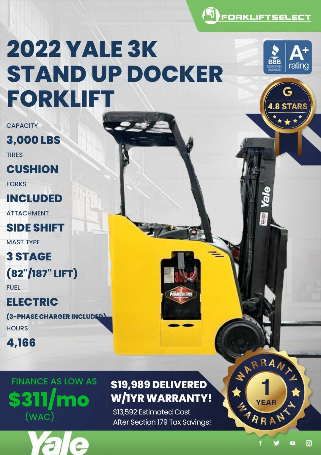 2022 Yale 3K Cushion Tire Forklift