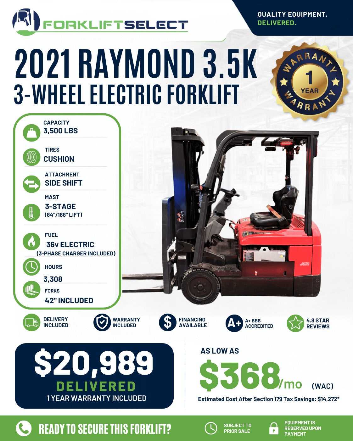 2021 Raymond 3.5K Cushion Tire Fork...