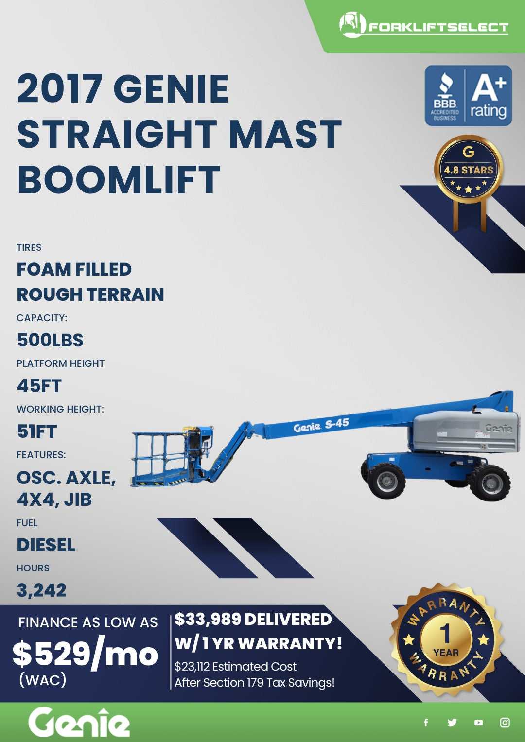 2017 Genie 0.5K Pneumatic Tire Straight Mast Boom Lift