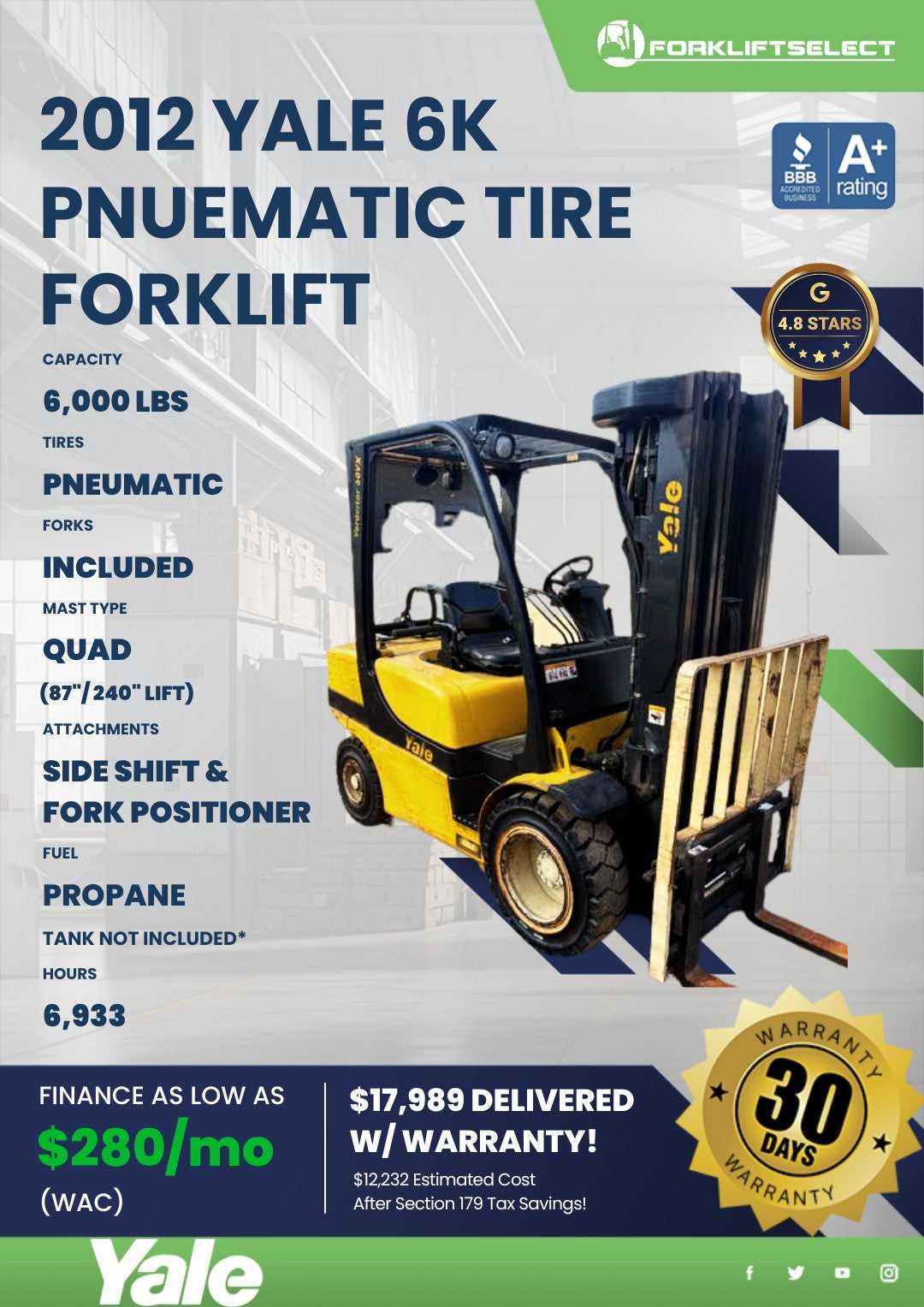 2012 Yale 6K Pneumatic Tire Forklif...