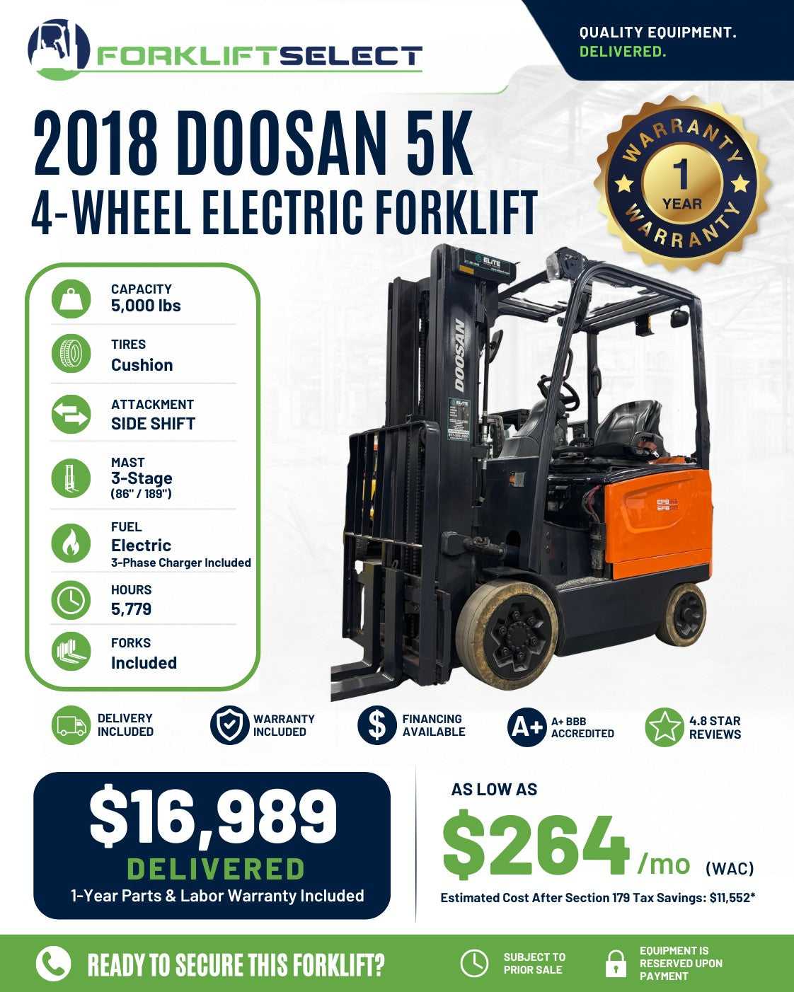 2018 Doosan 5K Cushion Tire Forklif...