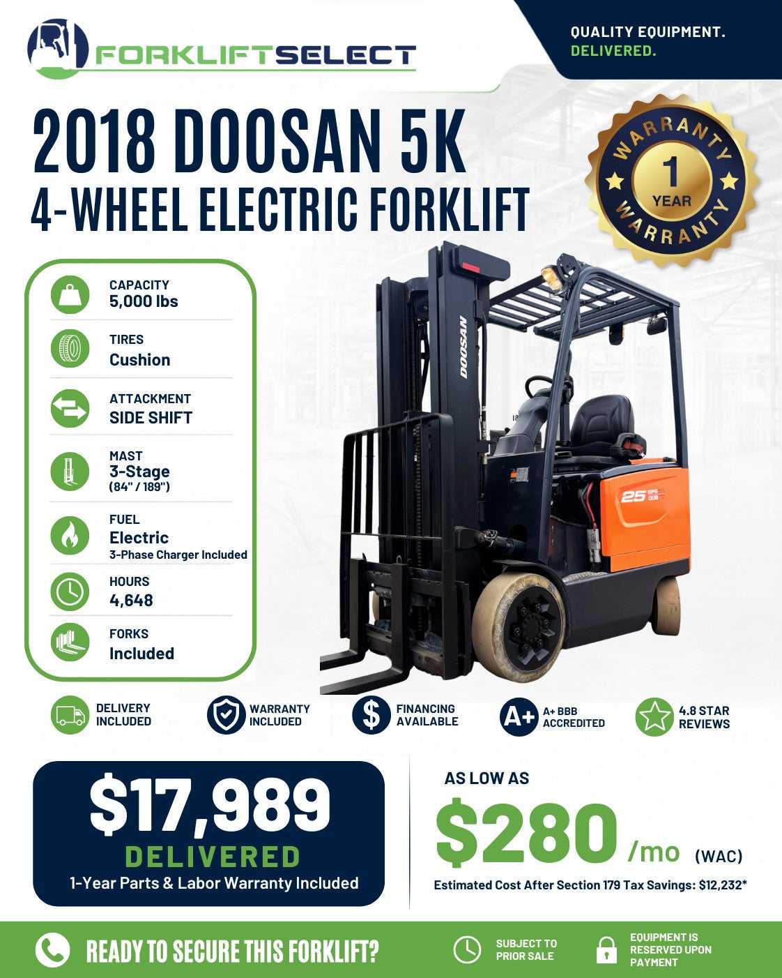 2018 Doosan 5K Cushion Tire Forklif...