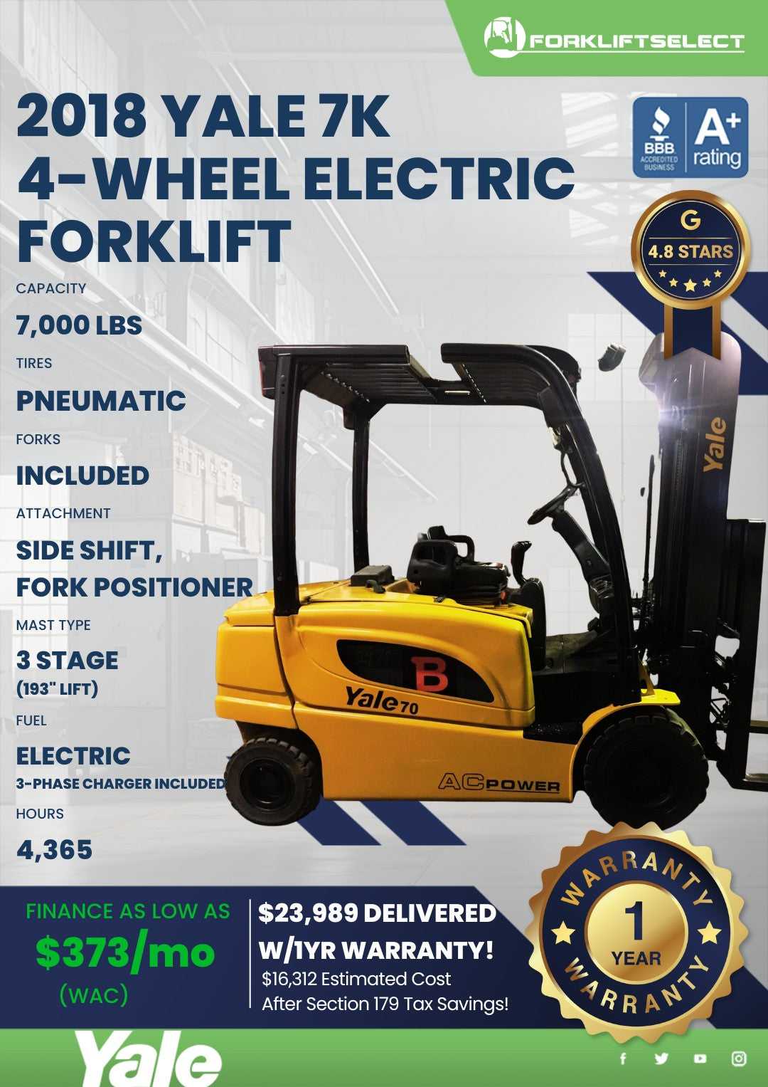 2018 Yale 7K Pneumatic Tire Forklif...