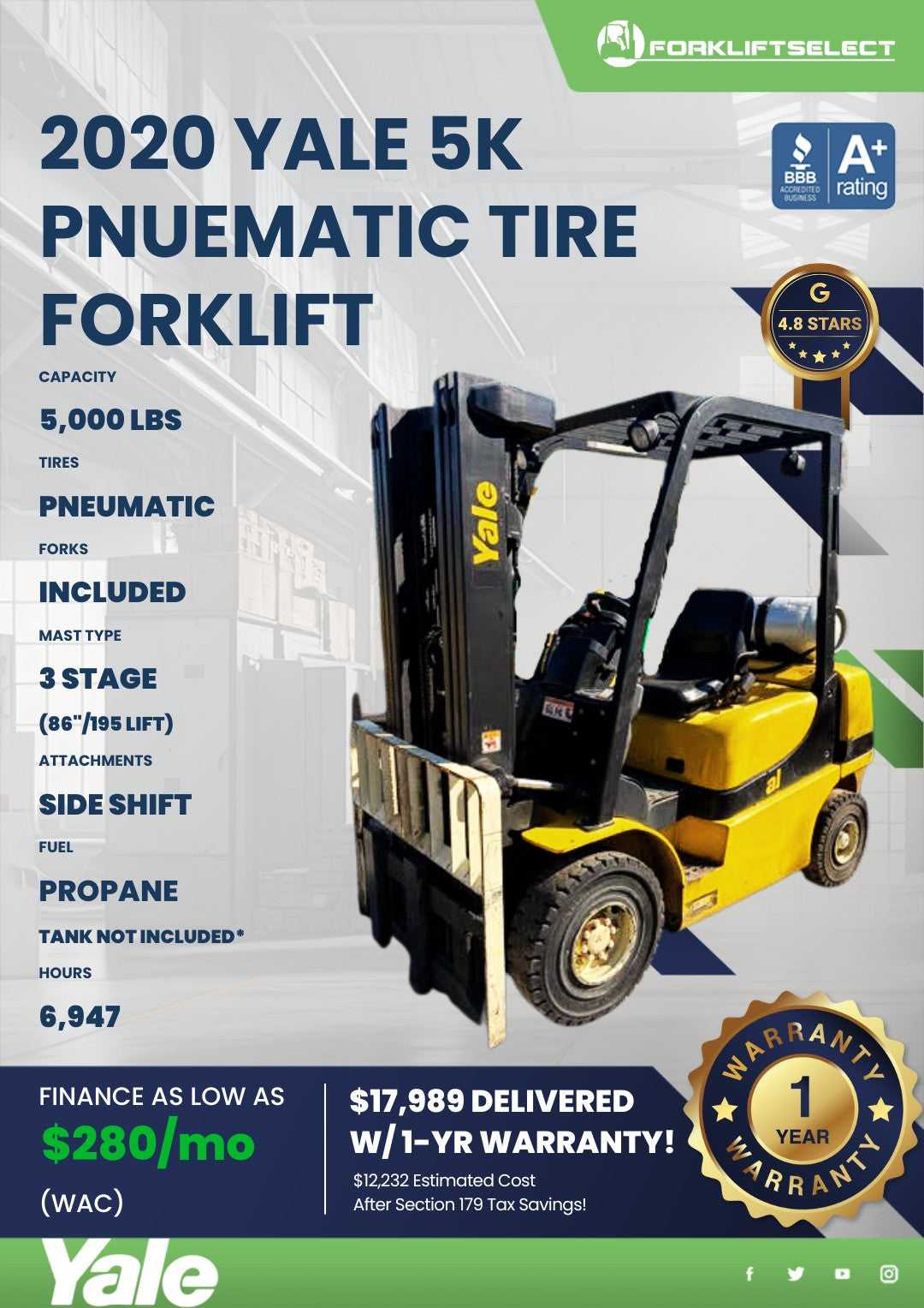 2020 Yale 5K Pneumatic Tire Forklif...