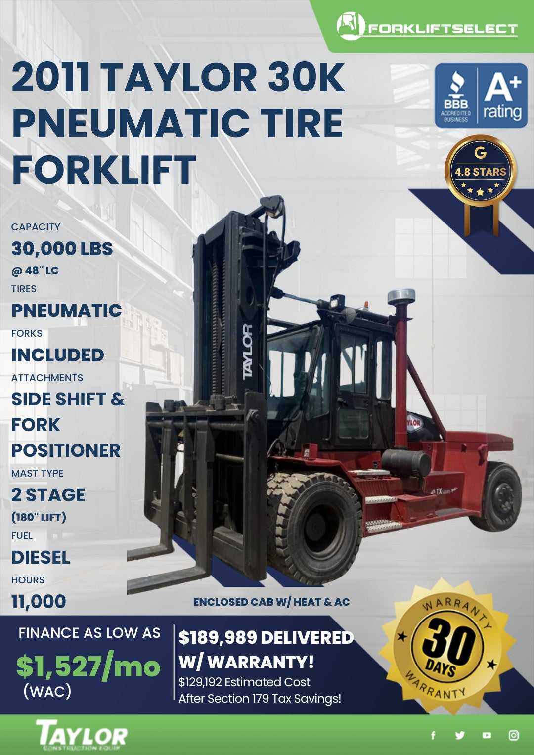 2011 Taylor 30K Pneumatic Tire Forklift