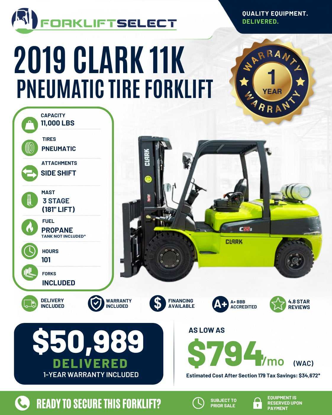 2019 Clark 11K Pneumatic Tire Forklift