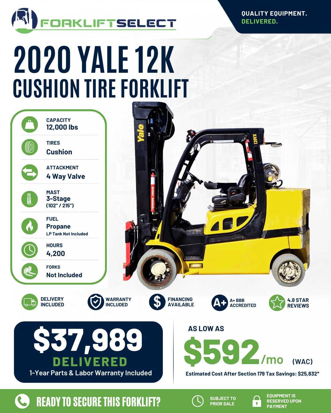 2020 Yale 12K Cushion Tire Forklift...