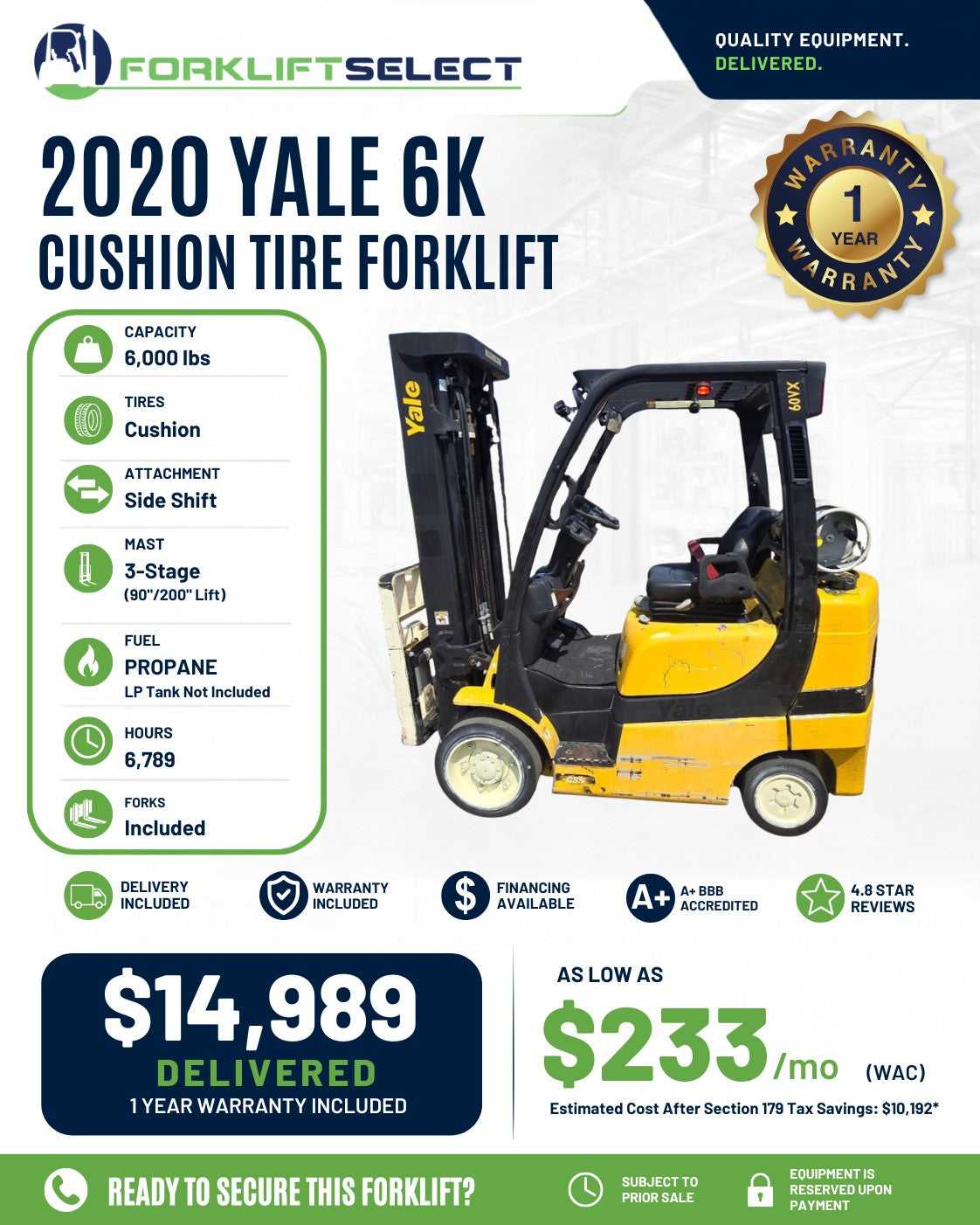 2020 Yale 6K Cushion Tire Forklift