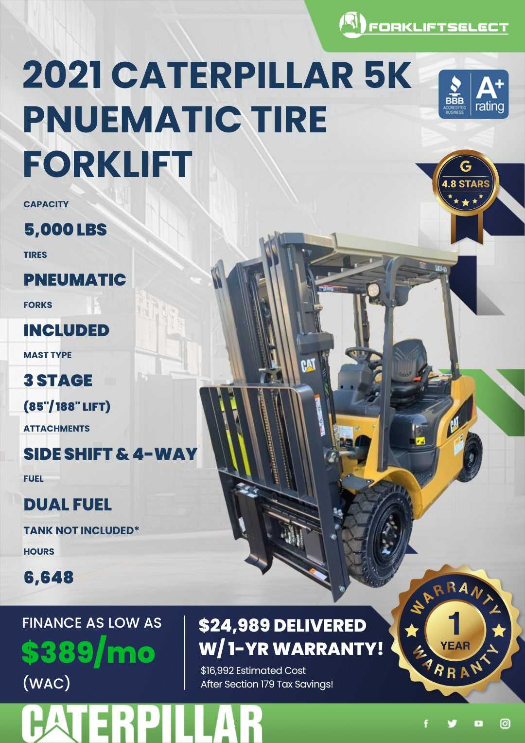 2021 Caterpillar 5K Pneumatic Tire Forklift