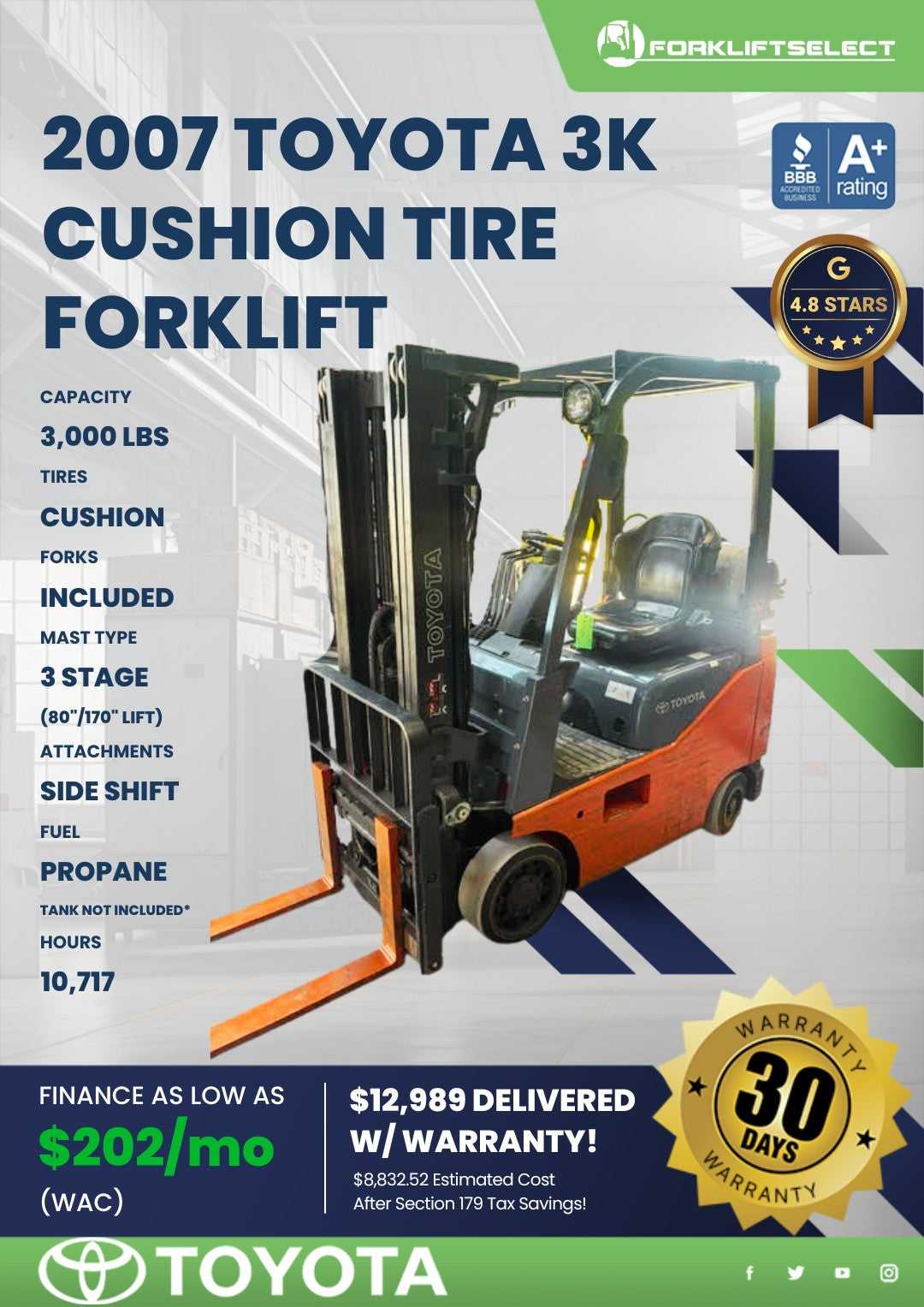 2007 Toyota 3K Cushion Tire Forklif...