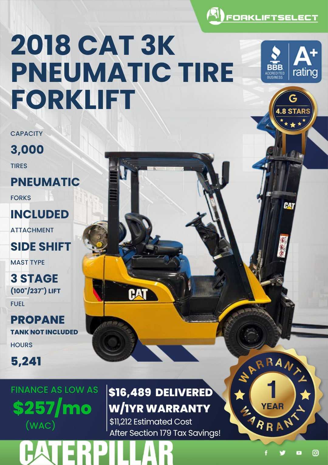 2018 Caterpillar 3K Pneumatic Tire Forklift