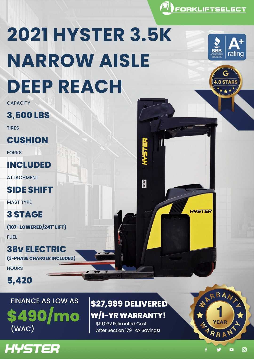 2021 Hyster 3.5K Cushion Tire Forkl...