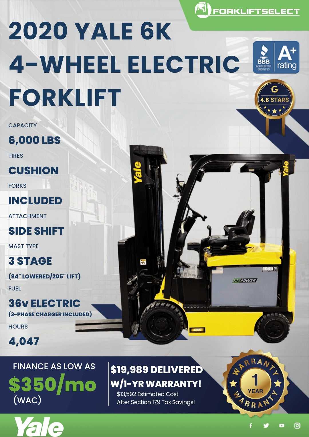 2020 Yale 6K Cushion Tire Forklift