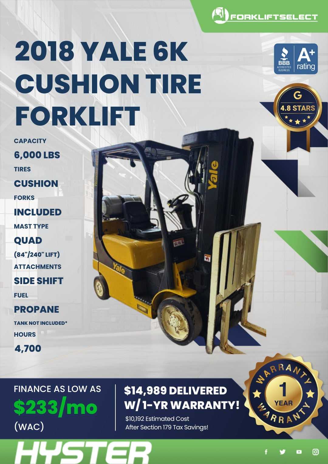2018 Yale 6K Cushion Tire Forklift