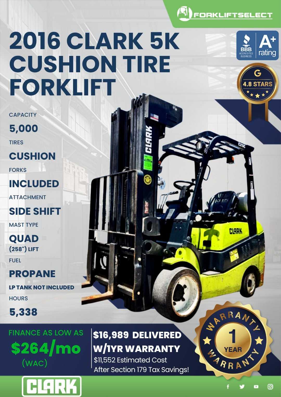2016 Clark 5K Cushion Tire Forklift