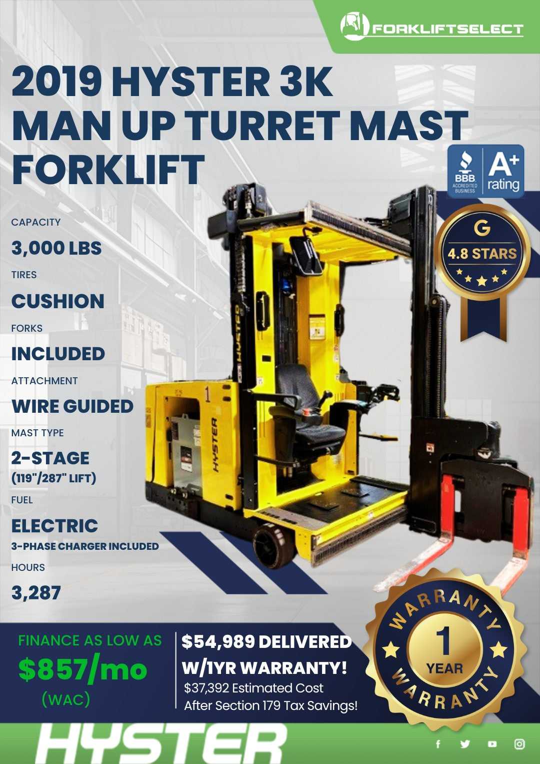 2019 Hyster 3K Cushion Tire Forklif...
