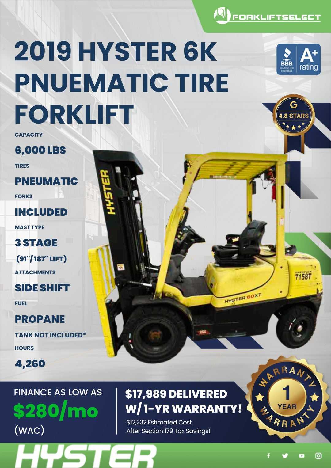 2019 Hyster 6K Pneumatic Tire Forkl...