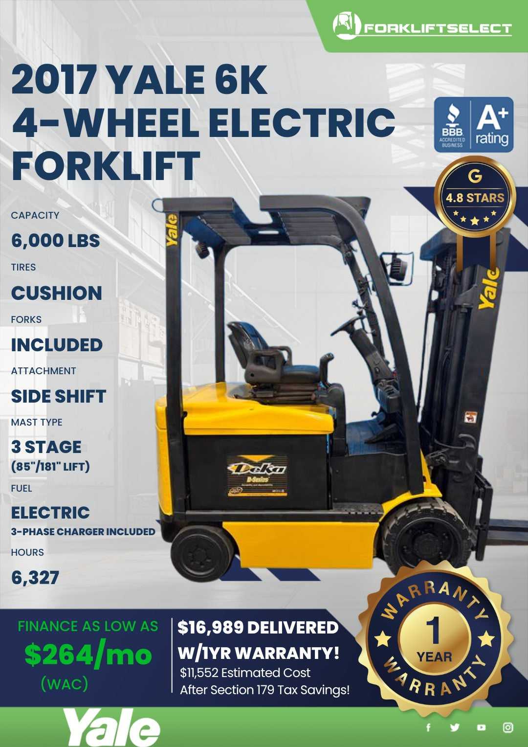 2017 Yale 6K Cushion Tire Forklift
