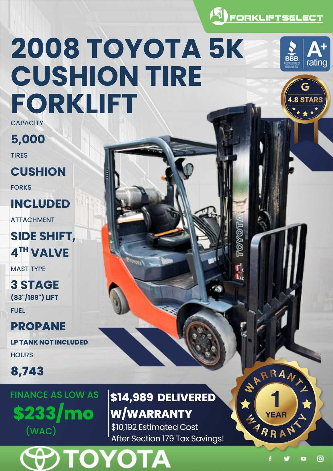 2008 Toyota 5K Cushion Tire Forklif...