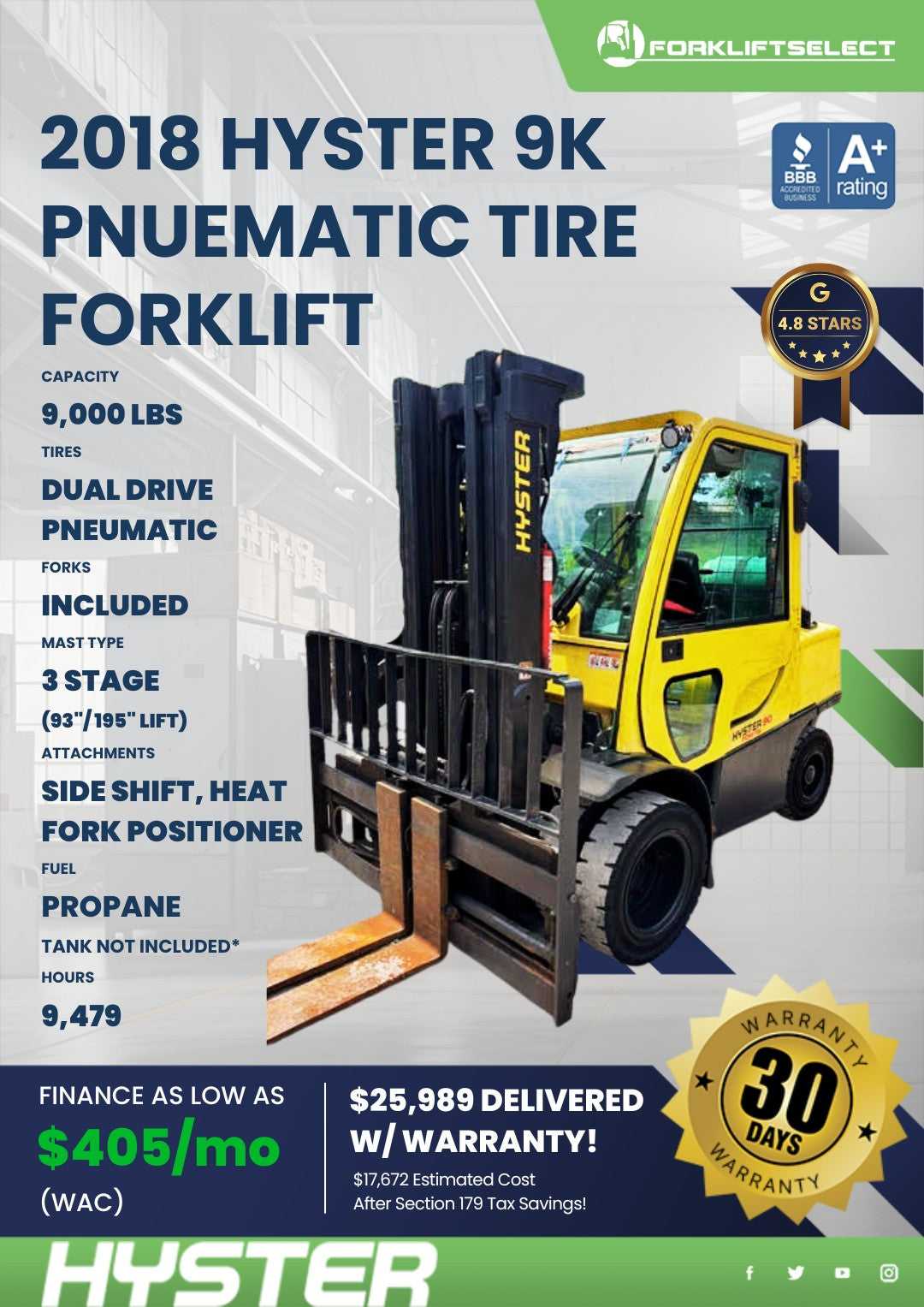 2018 Hyster 9K Pneumatic Tire Forkl...