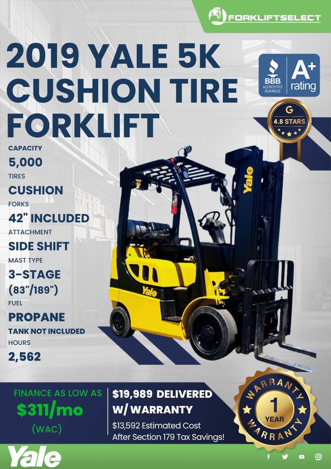 2019 Yale 5K Cushion Tire Forklift