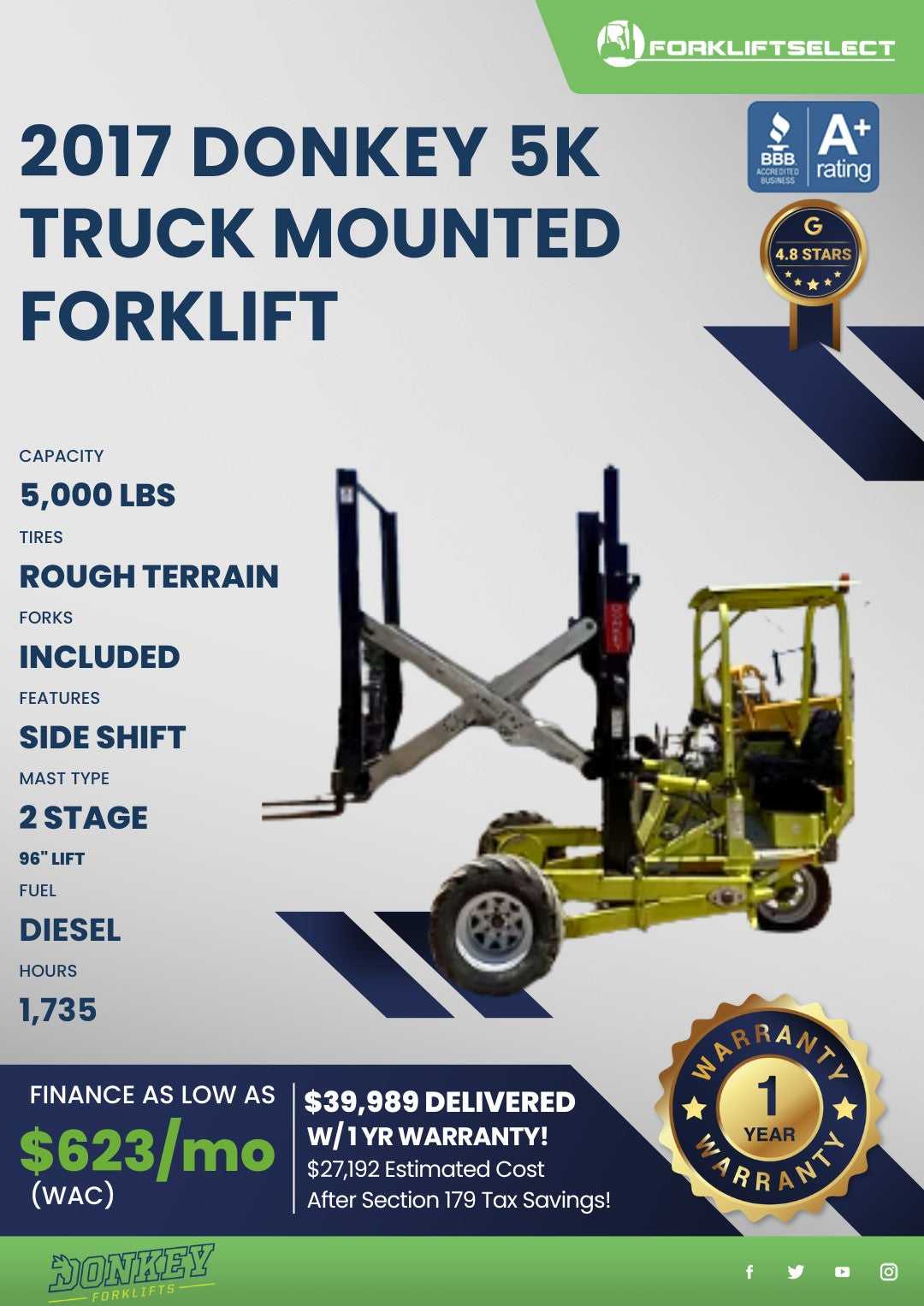 2017 Donkey 5K Pneumatic Tire Forkl...