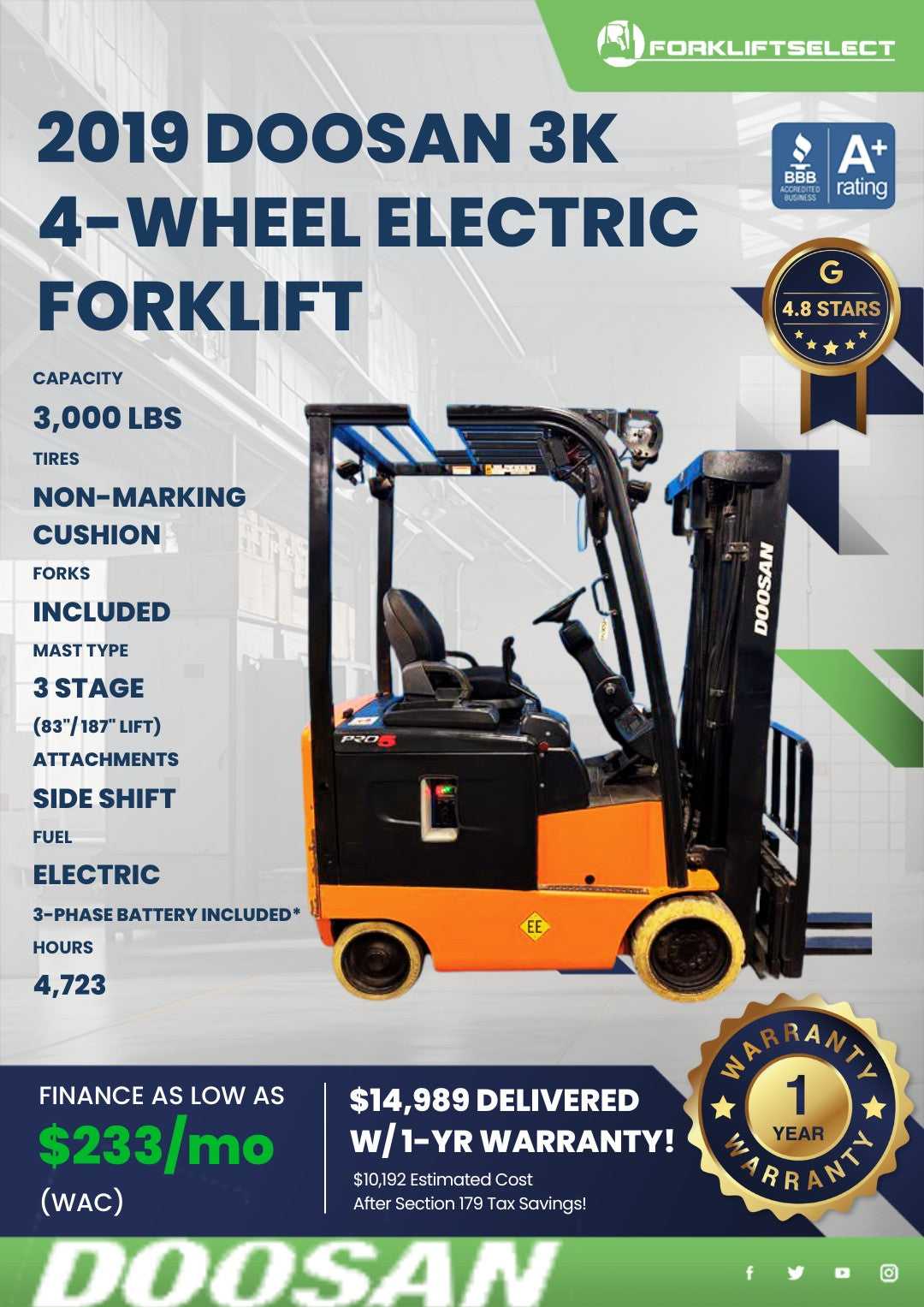 2019 Doosan 3K Cushion Tire Forklif...