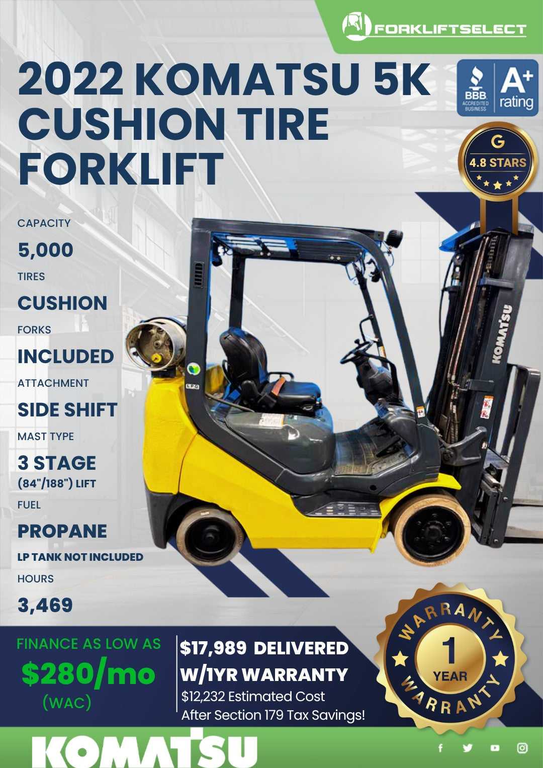 2022 Komatsu 5K Cushion Tire Forklift