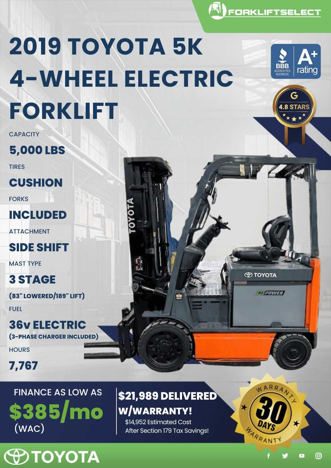 2019 Toyota 5K Cushion Tire Forklif...