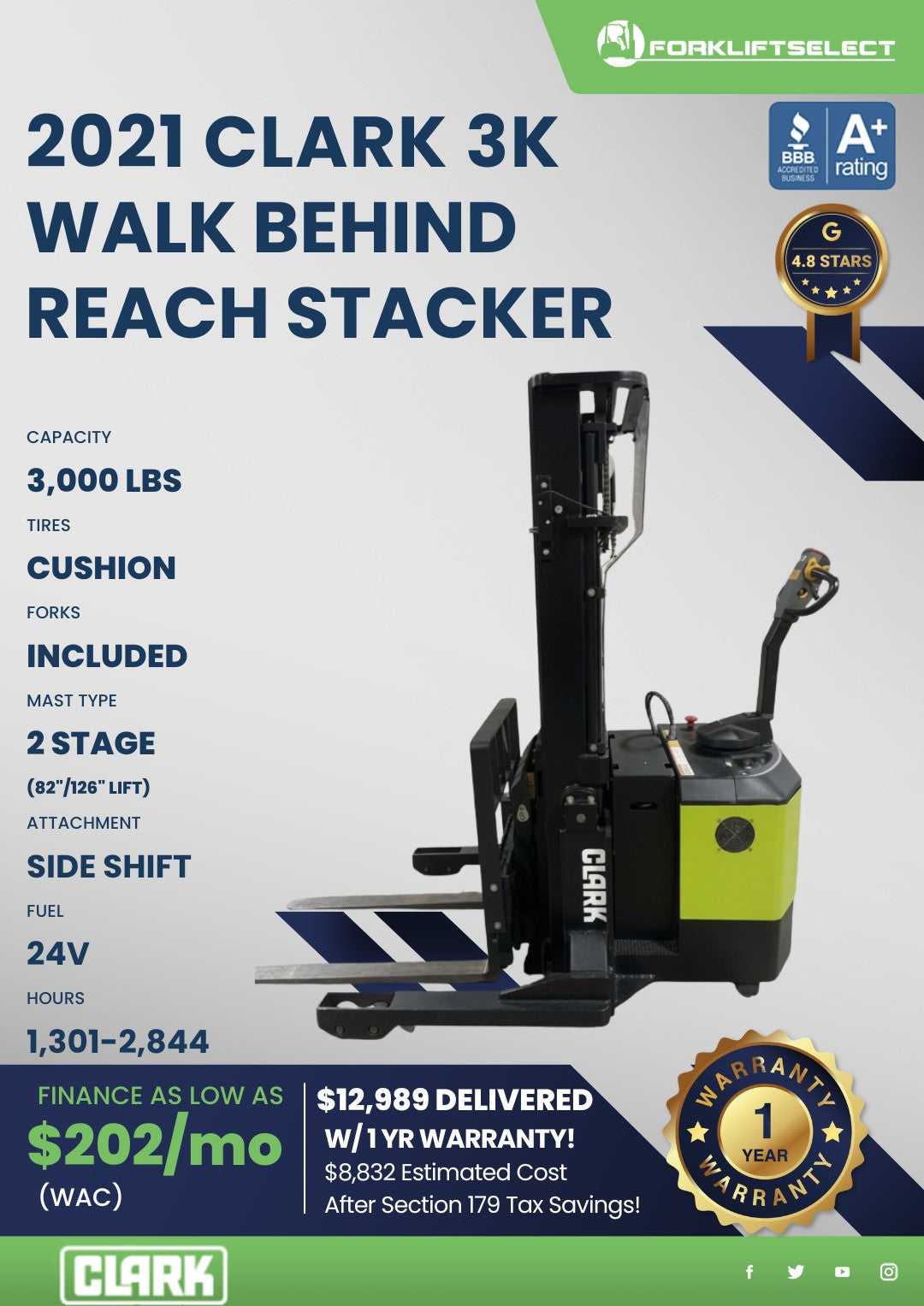 2021 Clark 3K Cushion Tire Forklift