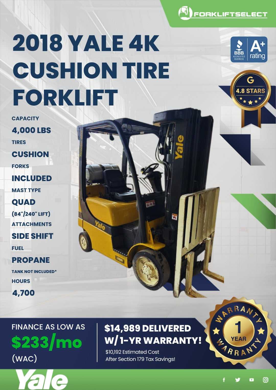2018 Yale 4K Cushion Tire Forklift