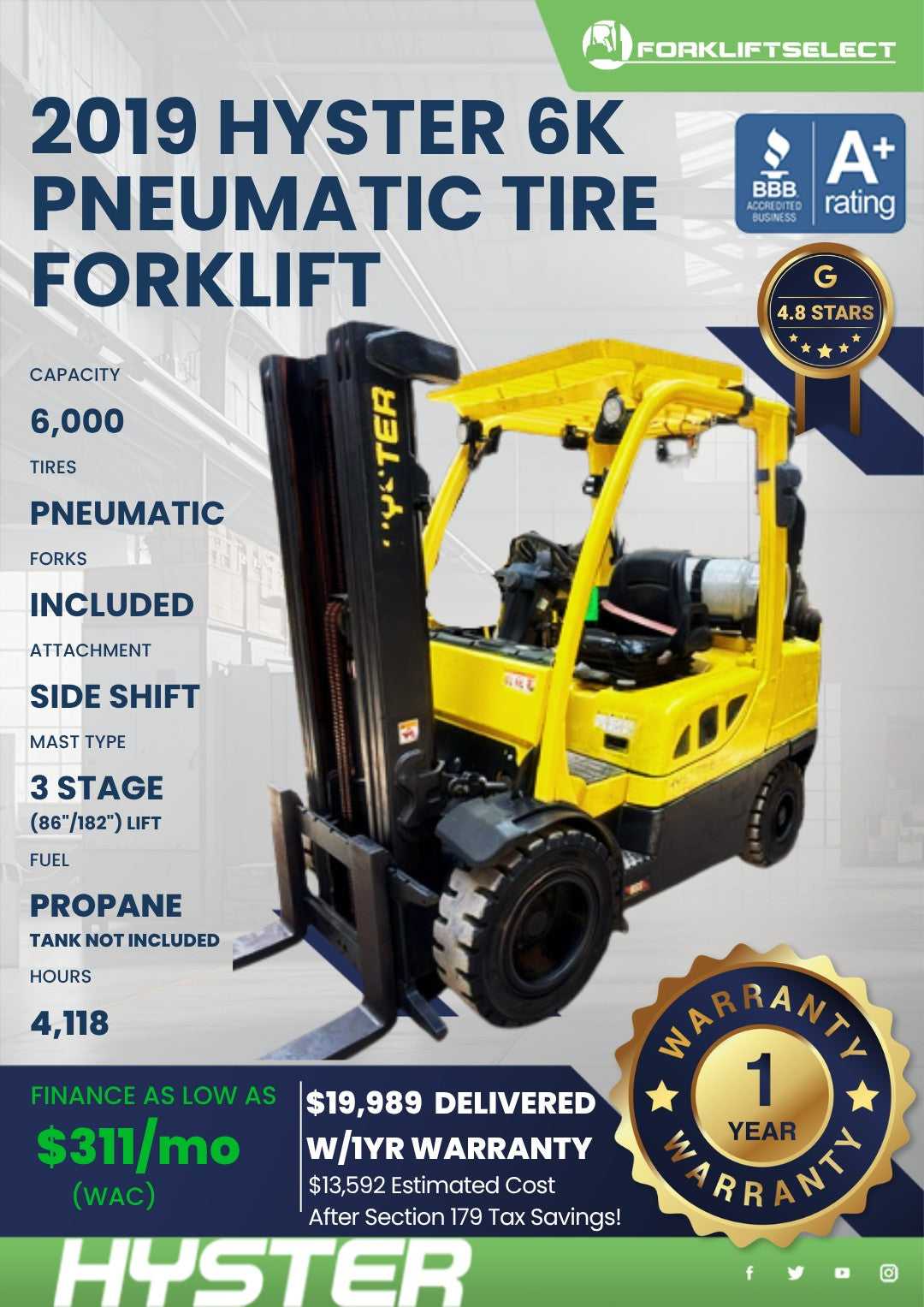 2019 Hyster 6K Pneumatic Tire Forkl...