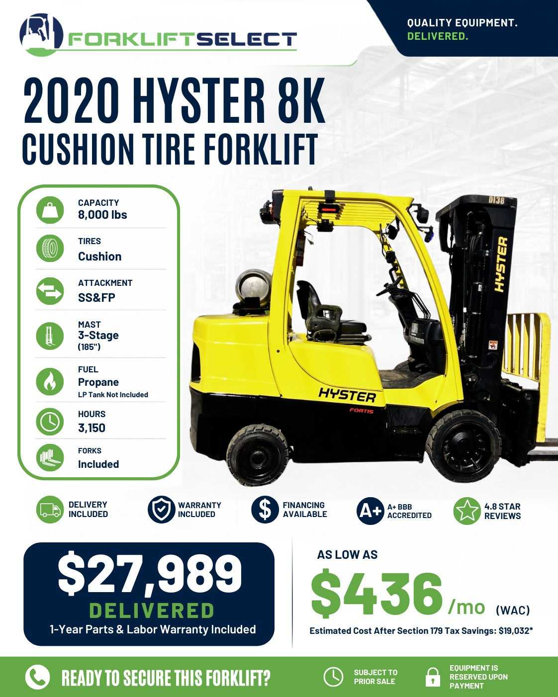 2020 Hyster 8K Cushion Tire Forklif...