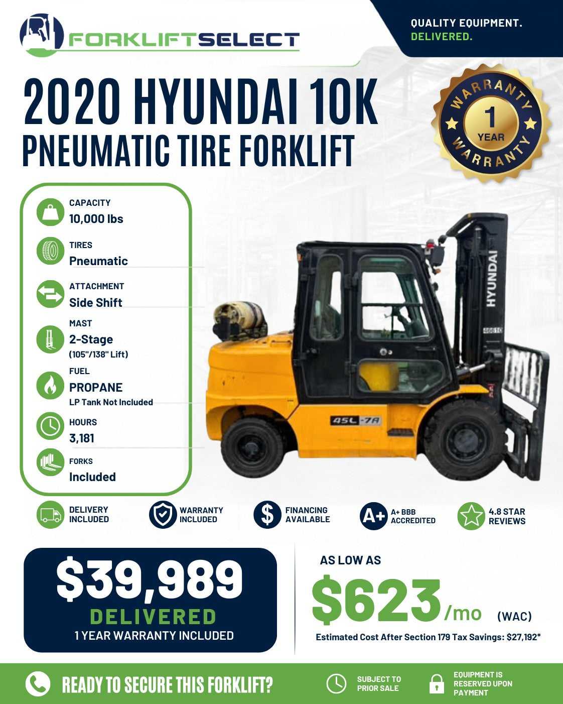 2020 Hyundai 10K Pneumatic Tire Forklift