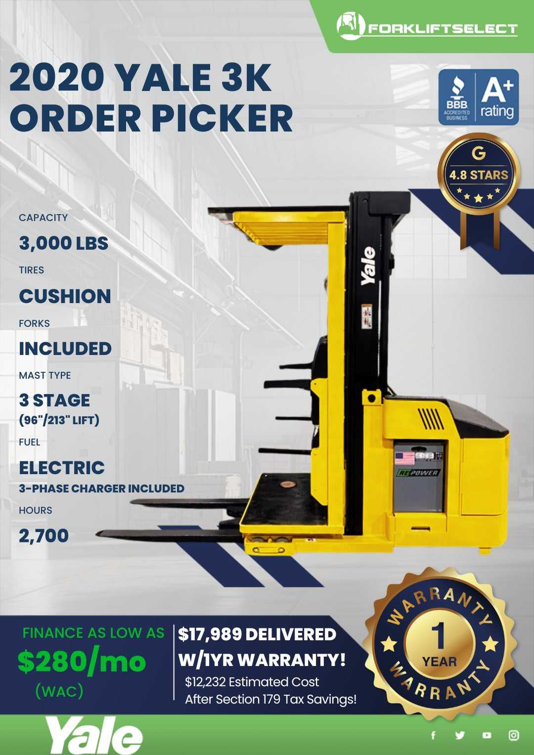 2020 Yale 3K Cushion Tire Forklift