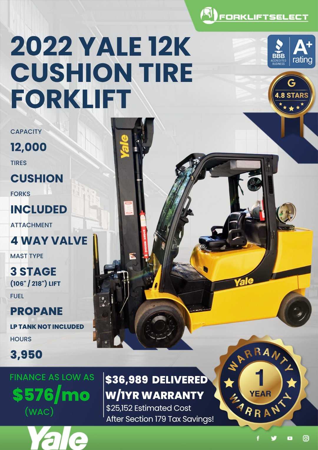 2022 Yale 12K Cushion Tire Forklift...