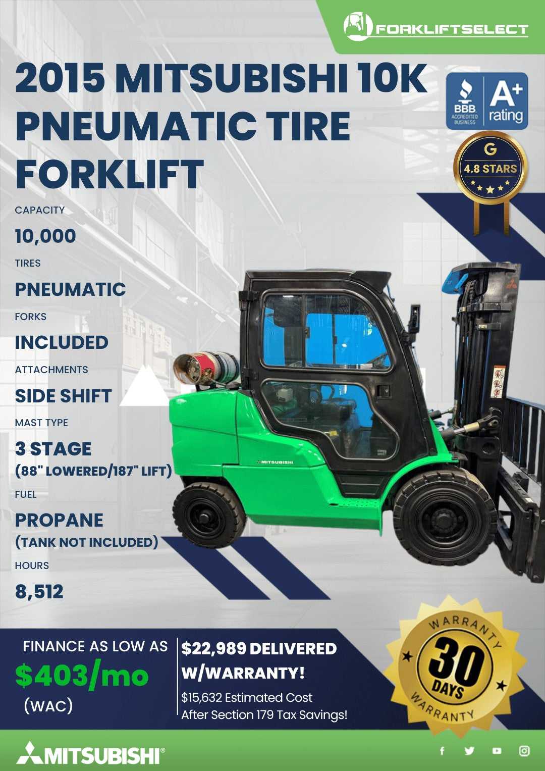 2015 Mitsubishi 10K Pneumatic Tire Forklift