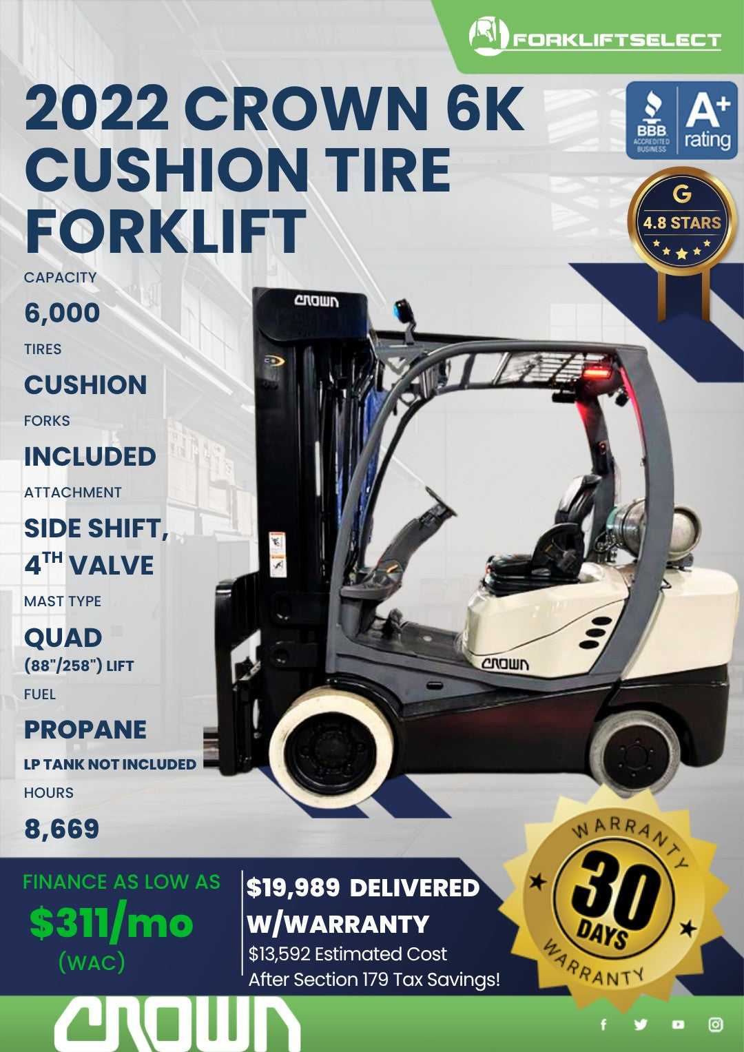 2022 Crown 6K Cushion Tire Forklift...