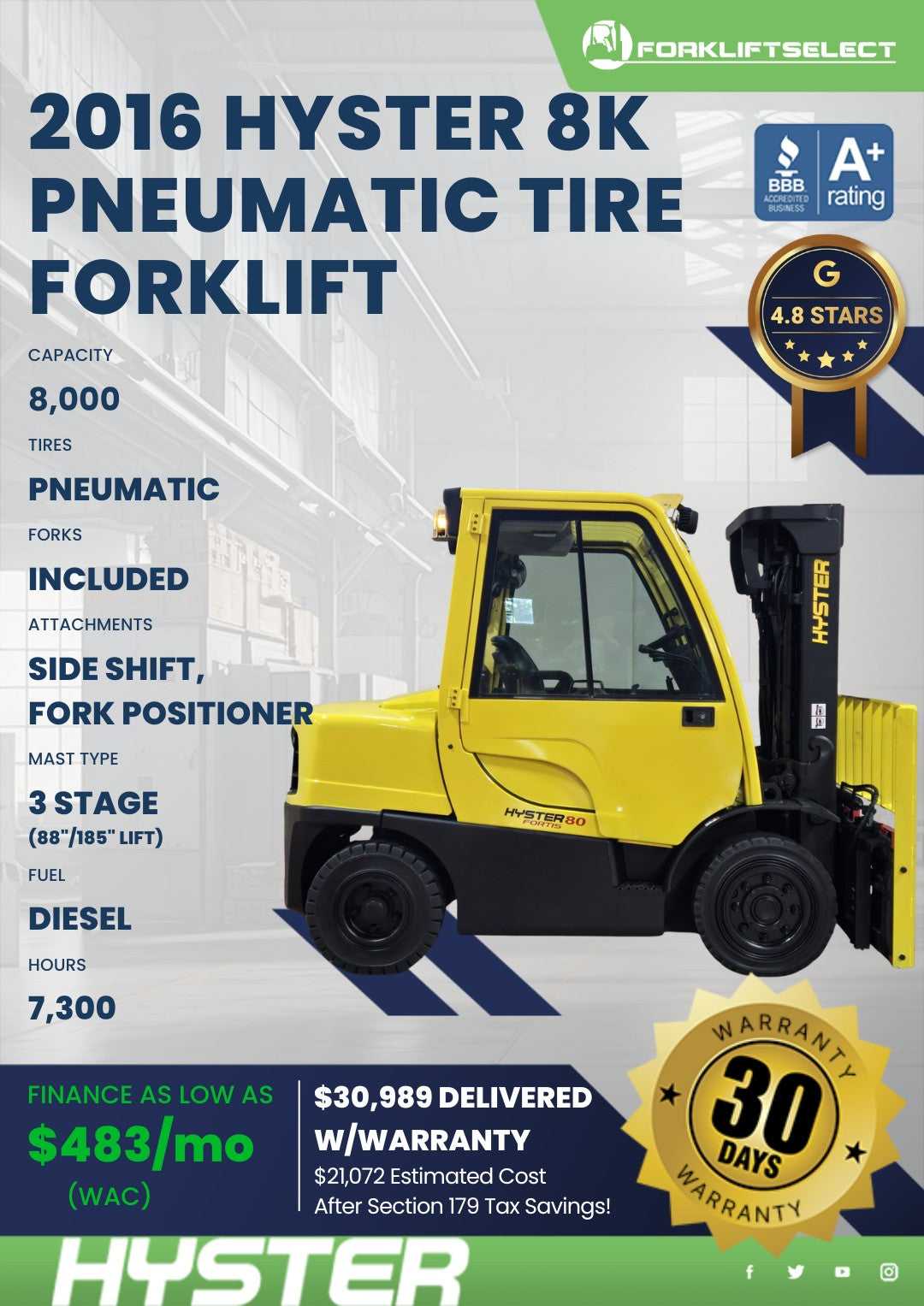 2016 Hyster 8K Pneumatic Tire Forkl...