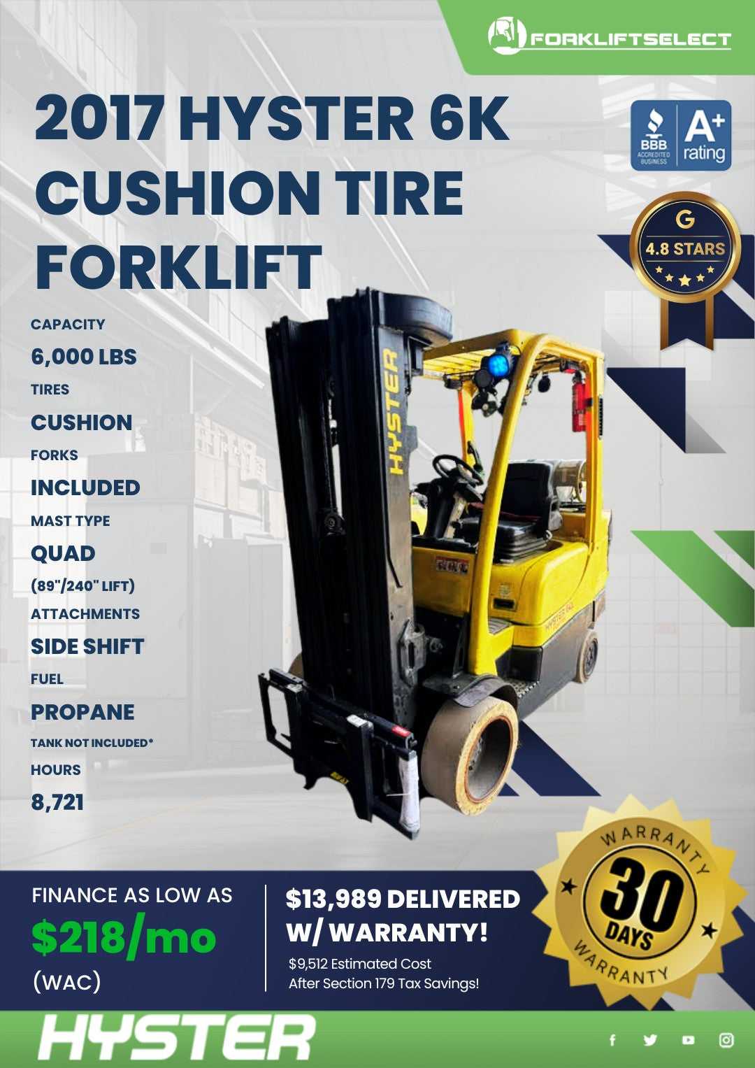 2017 Hyster 6K Cushion Tire Forklif...