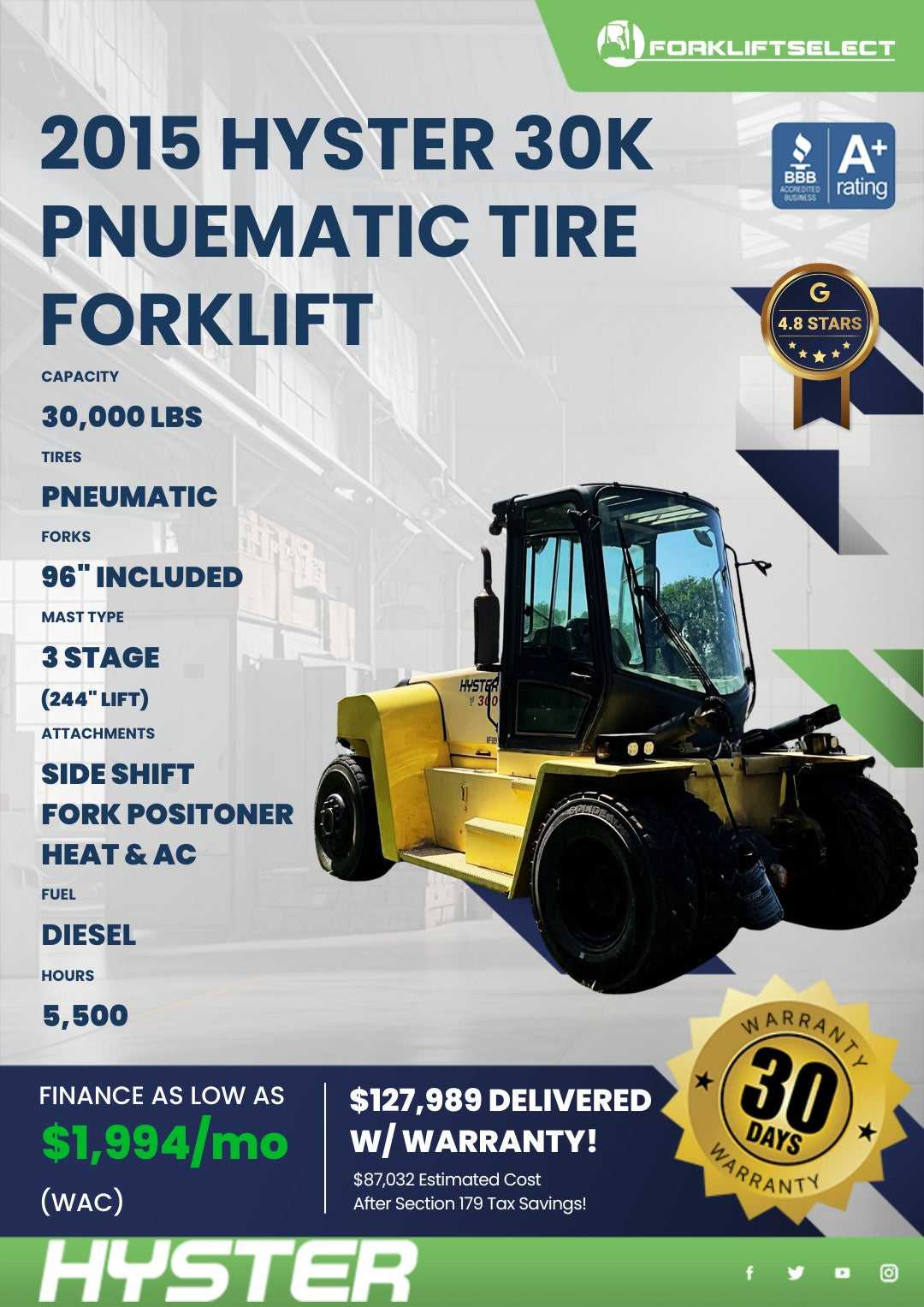 2015 Hyster 30K Pneumatic Tire Forklift
