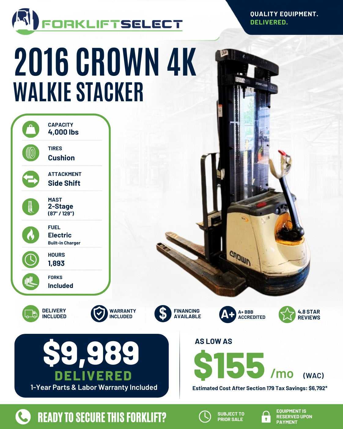 2016 Crown 4K Cushion Tire Forklift...