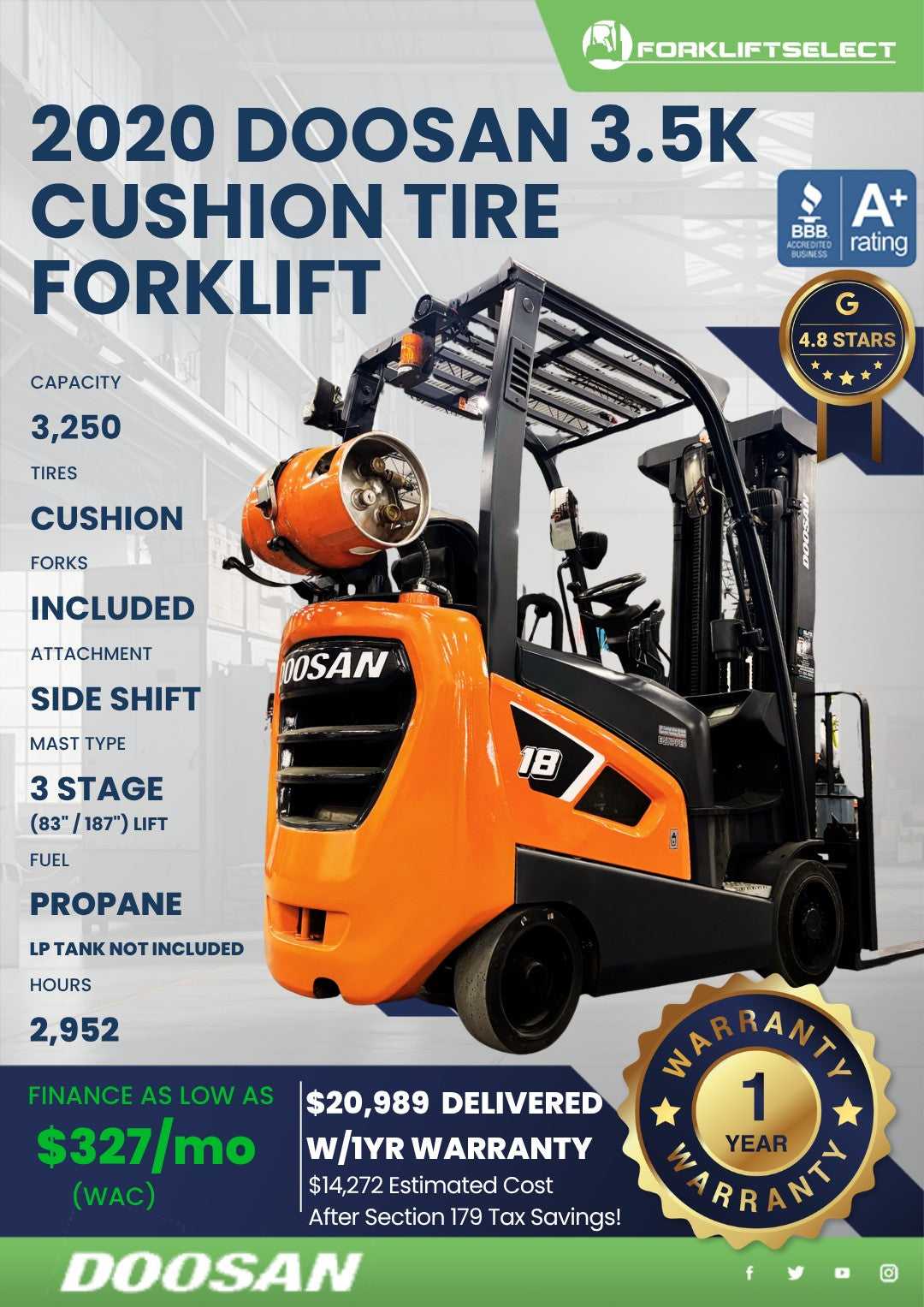 2020 Doosan 3.3K Cushion Tire Forkl...