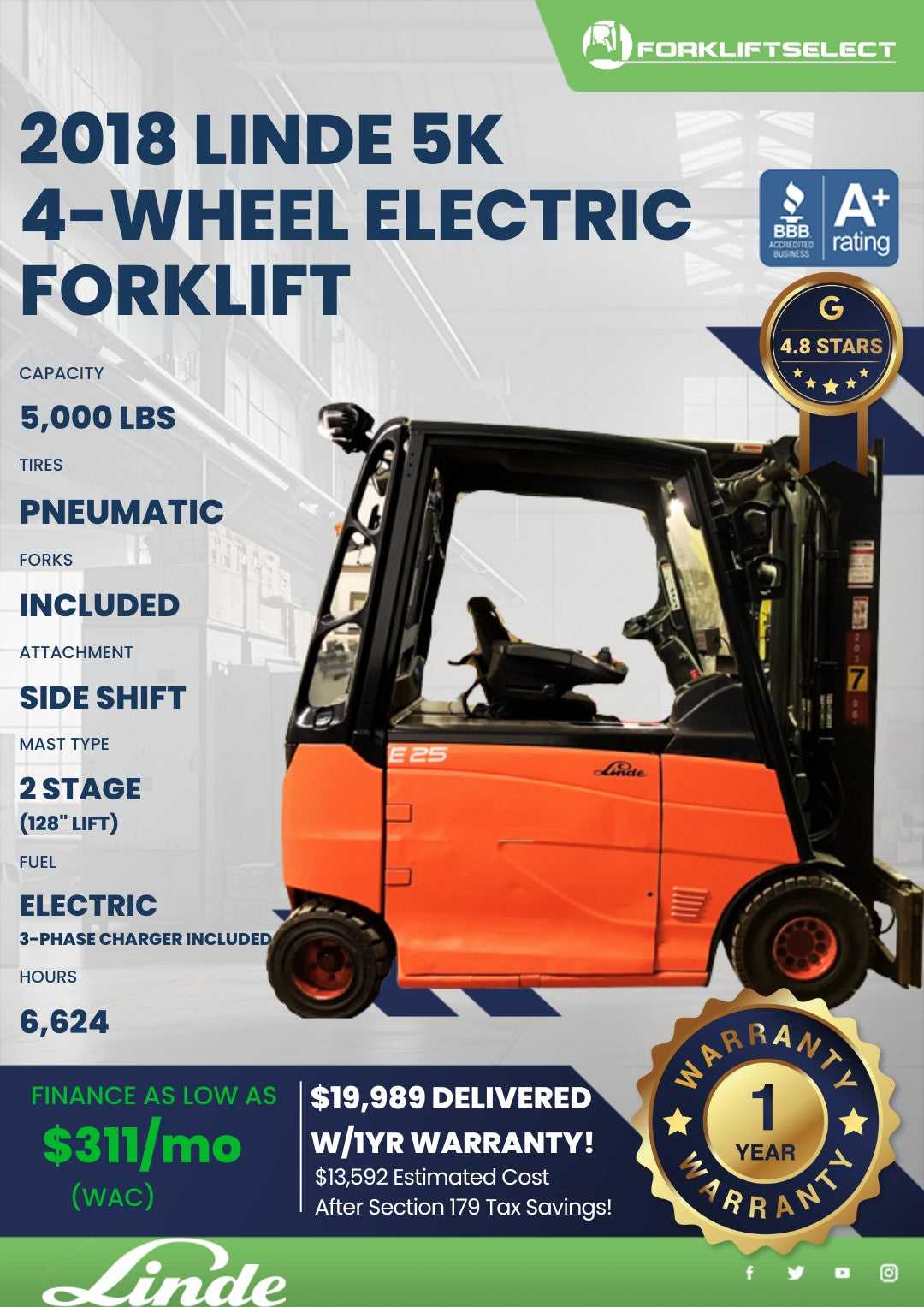 2018 Linde 5K Pneumatic Tire Forklift